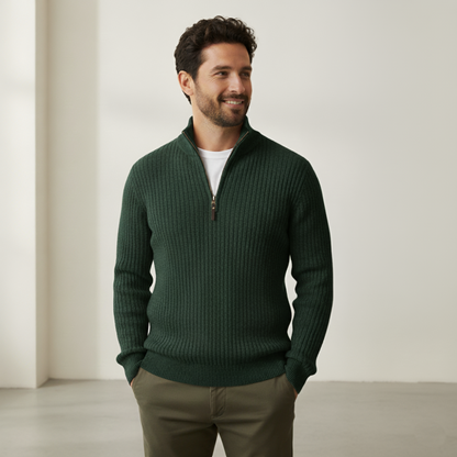 Men's Ribbed Knit Quarter Zip Sweater - Classic Long Sleeve