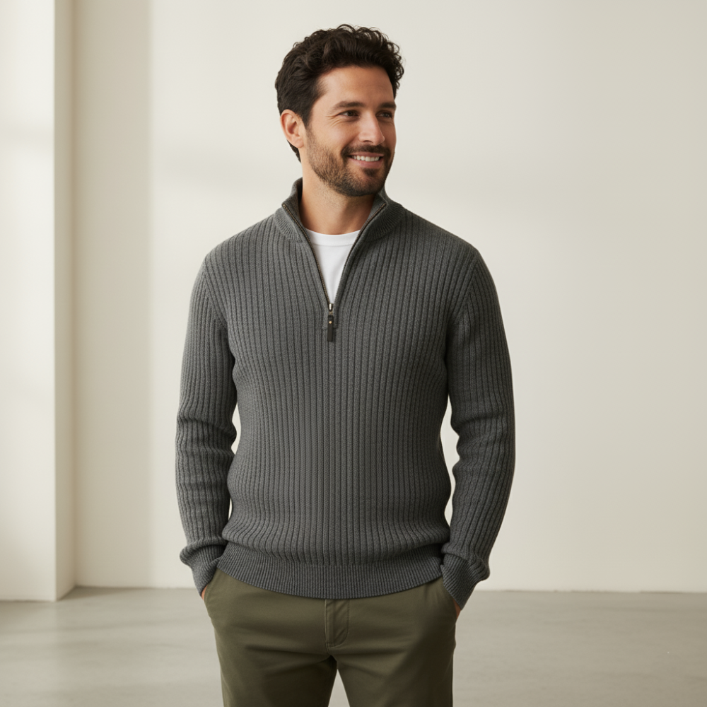 Men's Ribbed Knit Quarter Zip Sweater - Classic Long Sleeve