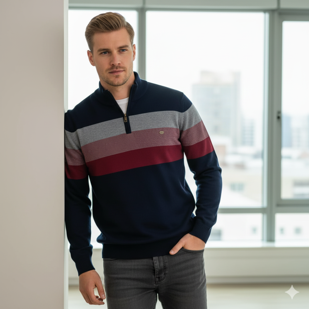 Men's Striped Quarter Zip Sweater - Long Sleeve Pullover