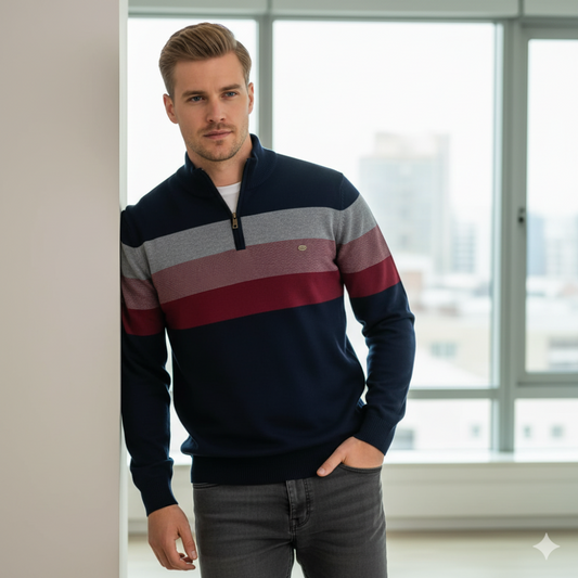 Men's Striped Quarter Zip Sweater - Long Sleeve Pullover
