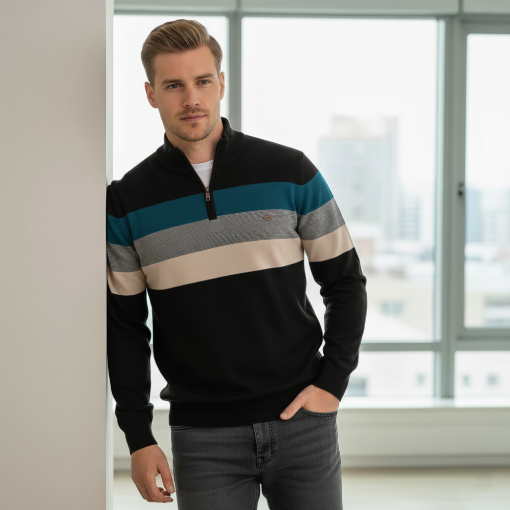 Men's Striped Quarter Zip Sweater - Long Sleeve Pullover