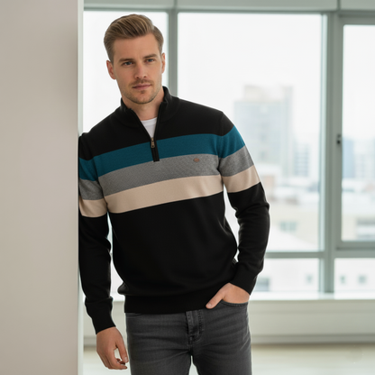 Men's Striped Quarter Zip Sweater - Long Sleeve Pullover