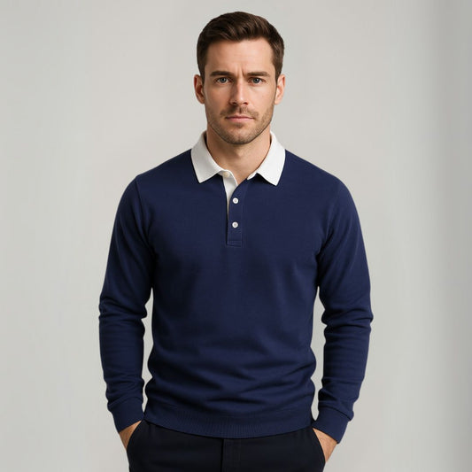 Men's Sweater Long Sleeve Polo Jumper Cotton Casual Navy Blue 1