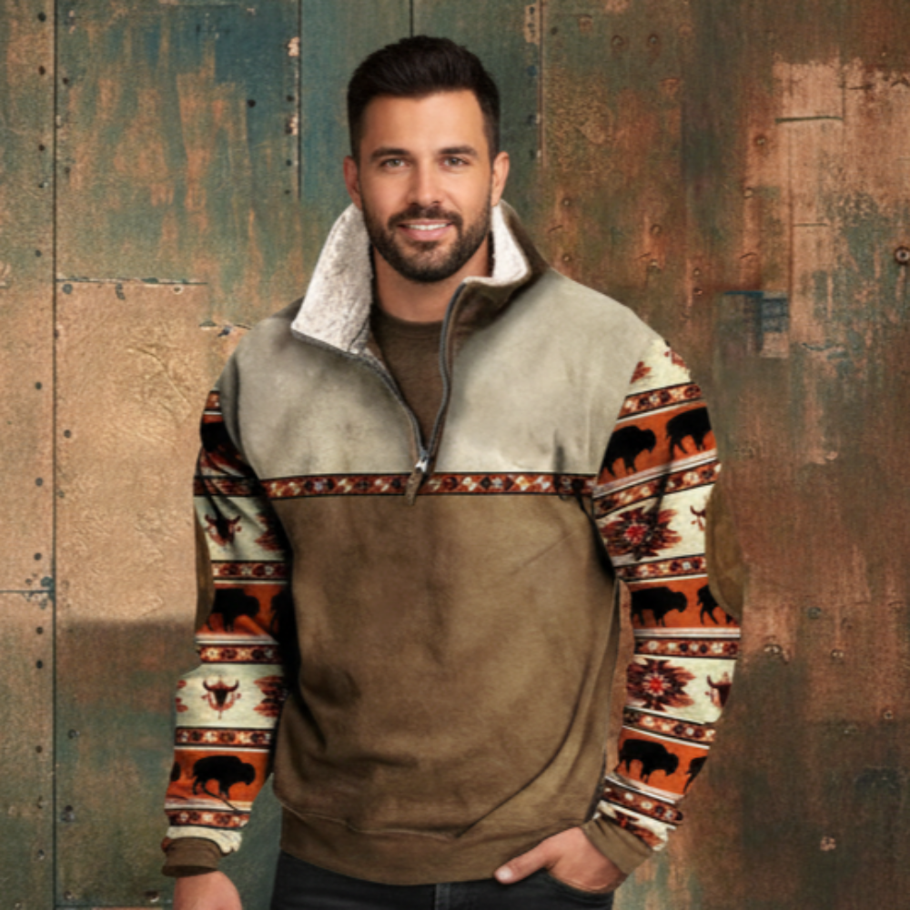 Men's Vintage Graphic Patchwork Sweater - Long Sleeve Zip