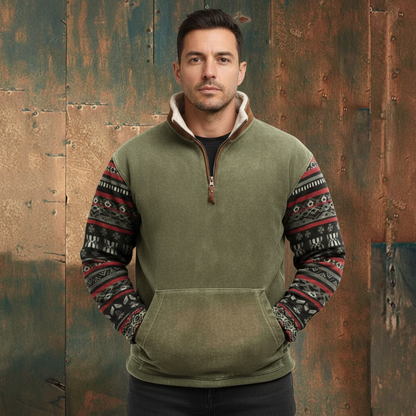 Men's Vintage Graphic Patchwork Sweater - Long Sleeve Zip