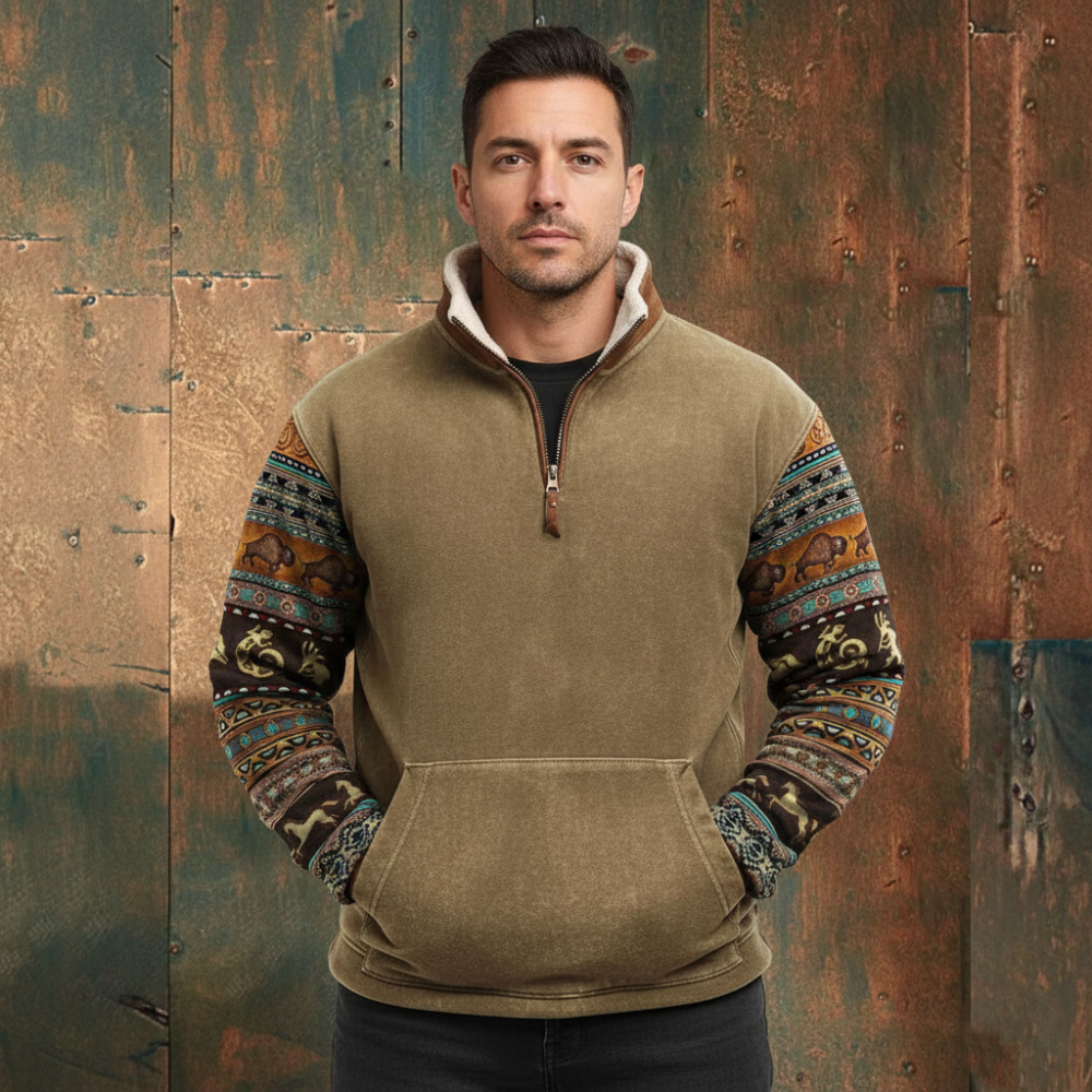 Men's Vintage Graphic Patchwork Sweater - Long Sleeve Zip