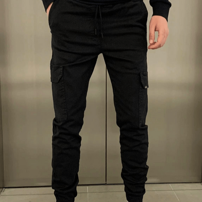 Men’s slim fit cargo joggers | casual trousers elastic waist pockets