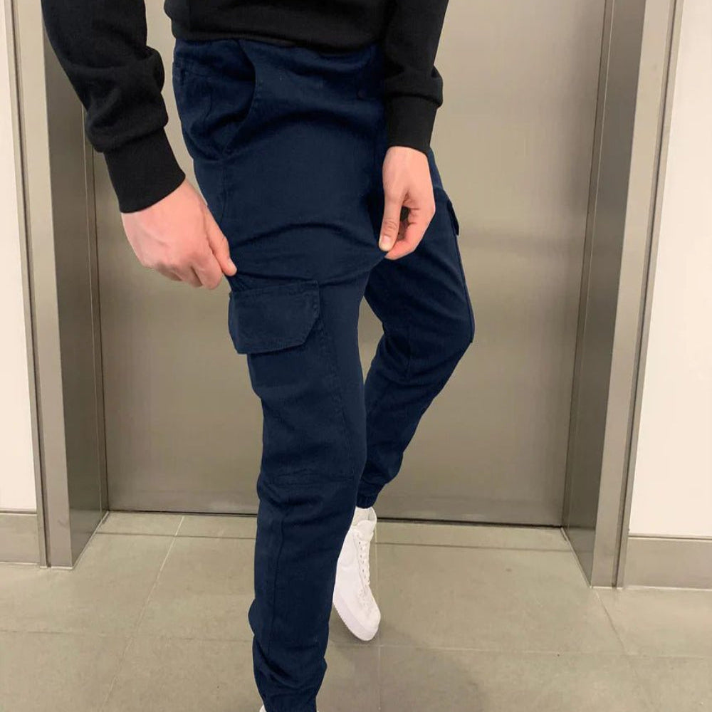 Men’s slim fit cargo joggers | casual trousers elastic waist pockets