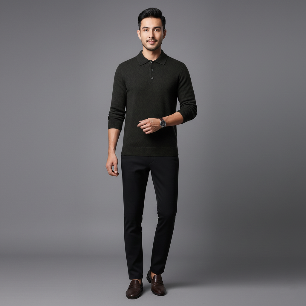 Mens Long Sleeve Polo Jumper - Button Front Pullover