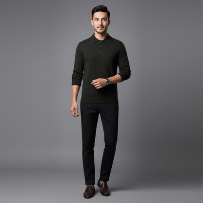 Mens Long Sleeve Polo Jumper - Button Front Pullover