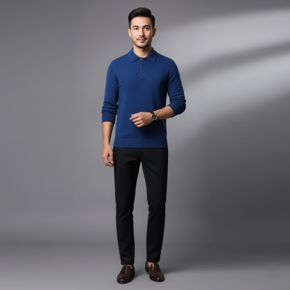 Mens Long Sleeve Polo Jumper - Button Front Pullover