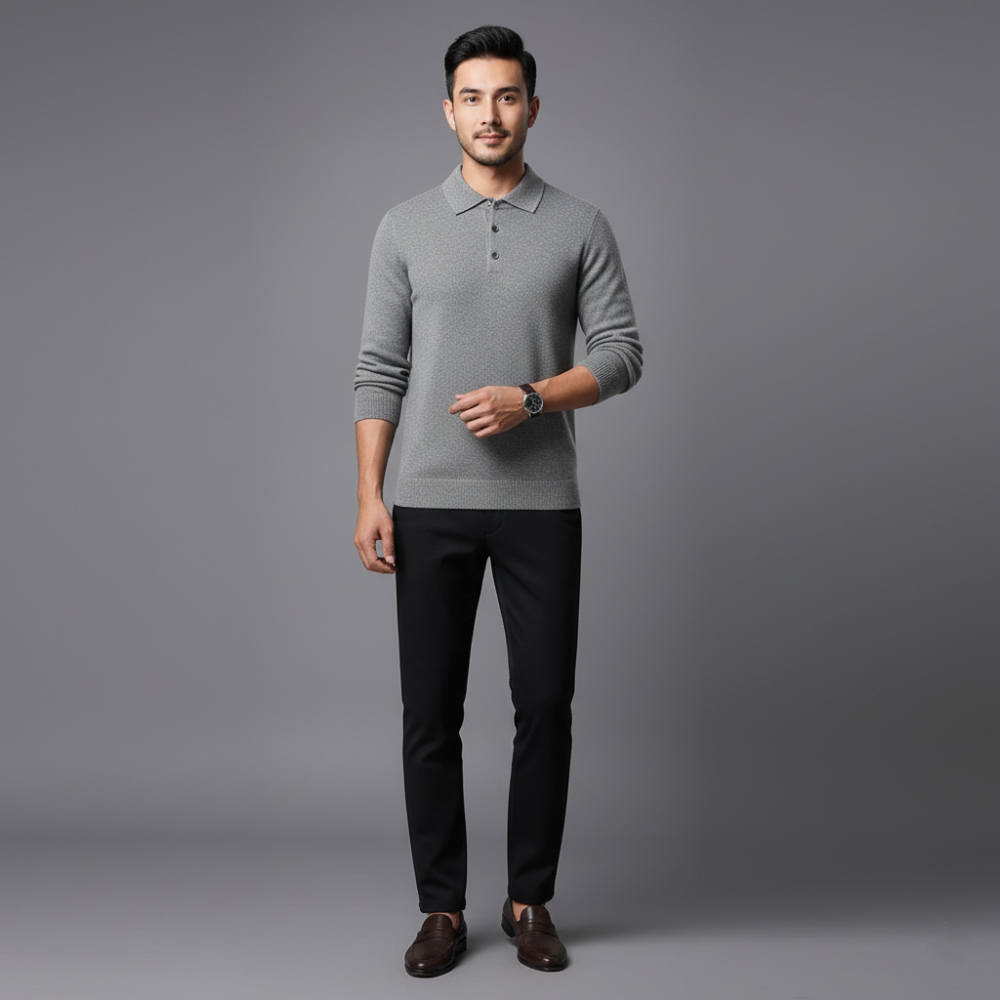 Mens Long Sleeve Polo Jumper - Button Front Pullover