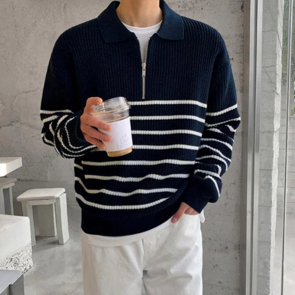 Mens Striped Quarter Zip Pullover Sweater - Long Sleeve