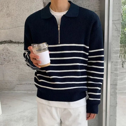 Mens Striped Quarter Zip Pullover Sweater - Long Sleeve