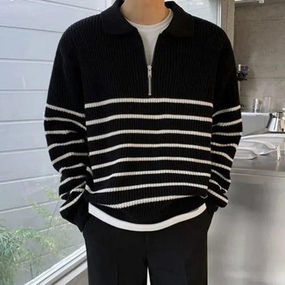 Mens Striped Quarter Zip Pullover Sweater - Long Sleeve