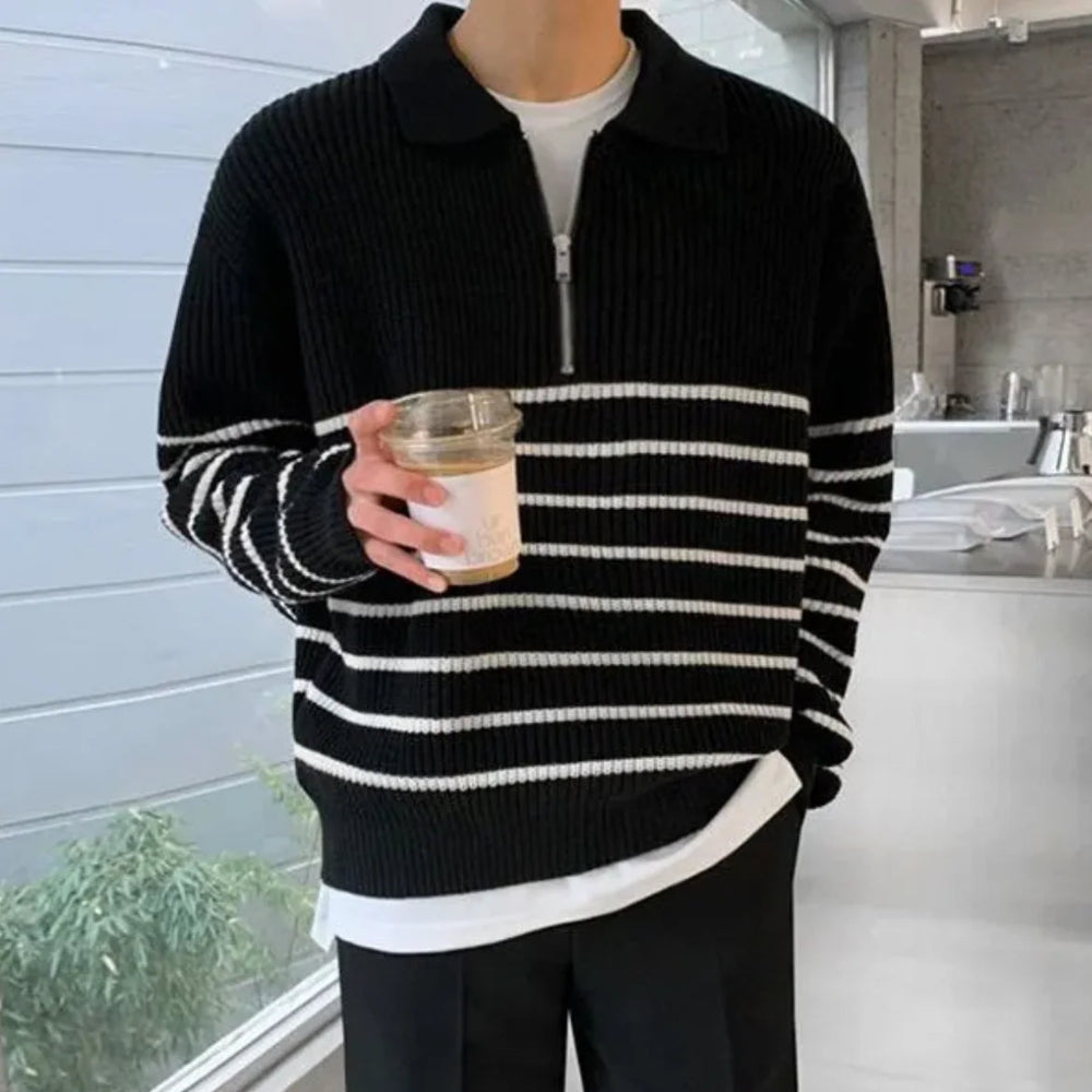 Mens Striped Quarter Zip Pullover Sweater - Long Sleeve