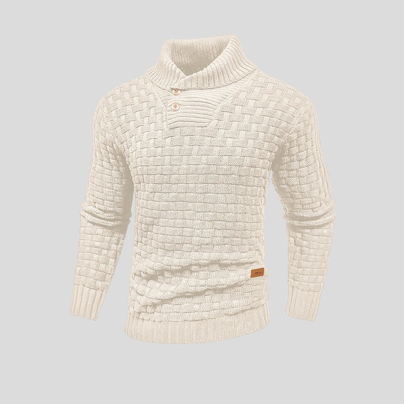 Men's Textured Knit Shawl Collar Jumper | Warm Button Neck Fit