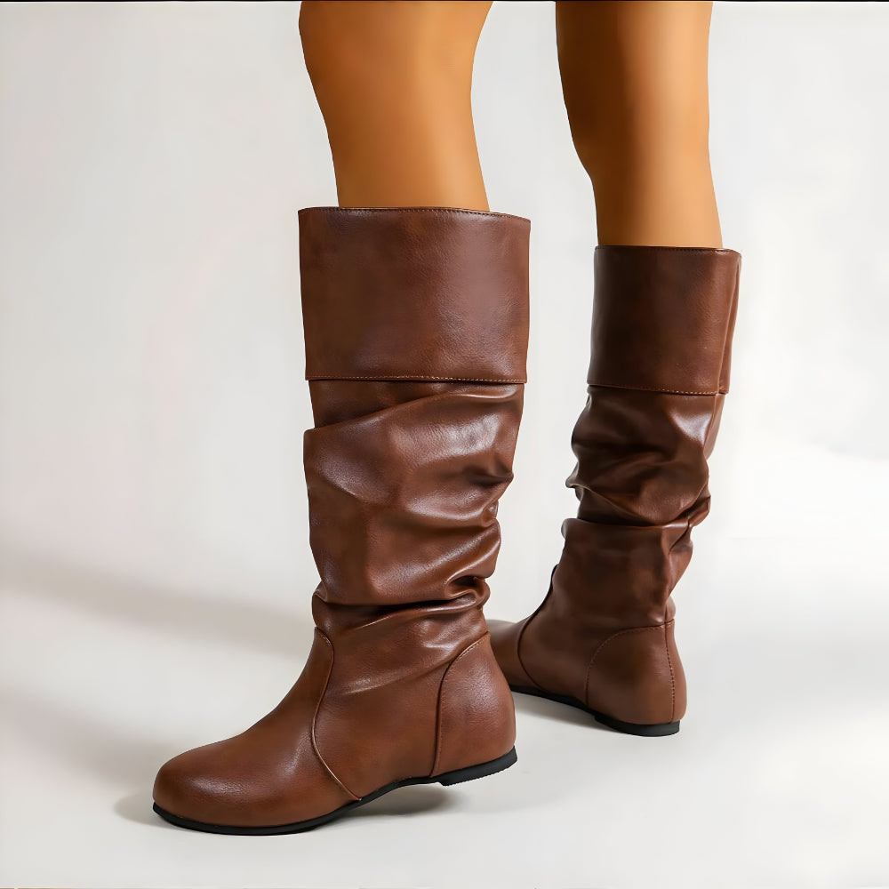 Women Flat Knee High Boots – Slouch Faux Leather