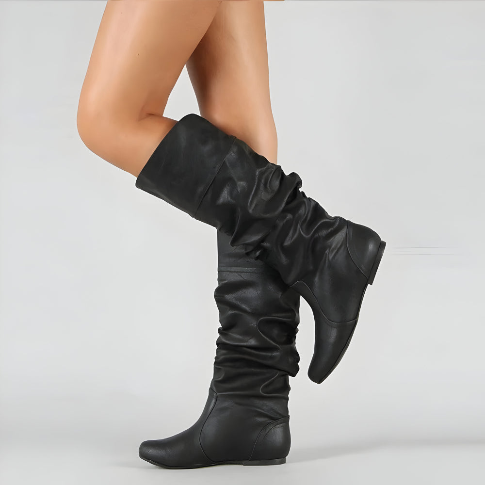 Women Flat Knee High Boots – Slouch Faux Leather