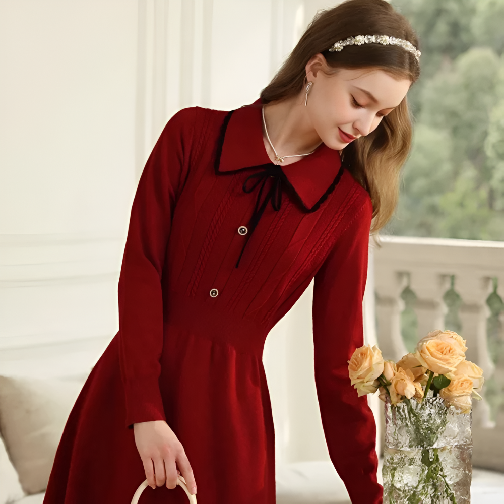 Women's Elegant Knit Christmas Dress - Long Sleeve Midi