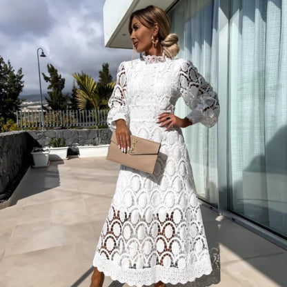 Women's Elegant Lace Formal Dress - Long Sleeve Midi