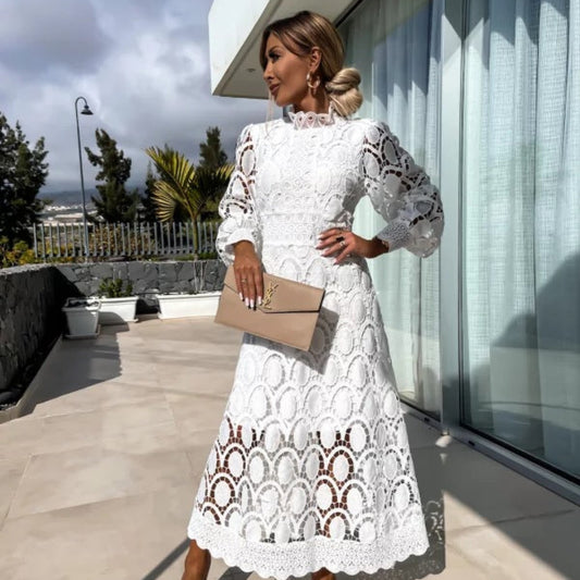 Women's Elegant Lace Formal Dress - Long Sleeve Midi
