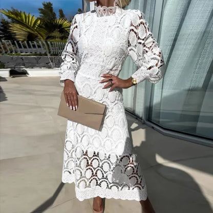 Women's Elegant Lace Formal Dress - Long Sleeve Midi