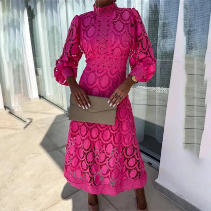 Women's Elegant Lace Formal Dress - Long Sleeve Midi