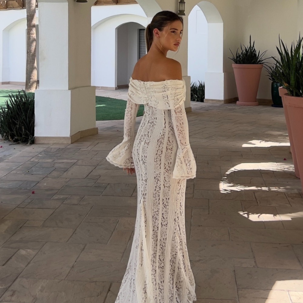 Women's Off Shoulder Lace Bodycon Dress - Long Sleeve Mermaid Maxi