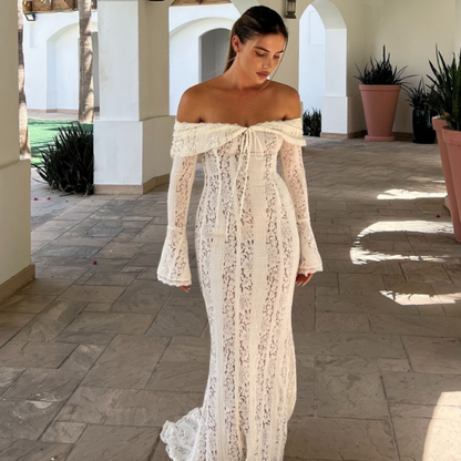Women's Off Shoulder Lace Bodycon Dress - Long Sleeve Mermaid Maxi