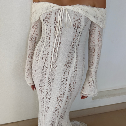 Women's Off Shoulder Lace Bodycon Dress - Long Sleeve Mermaid Maxi