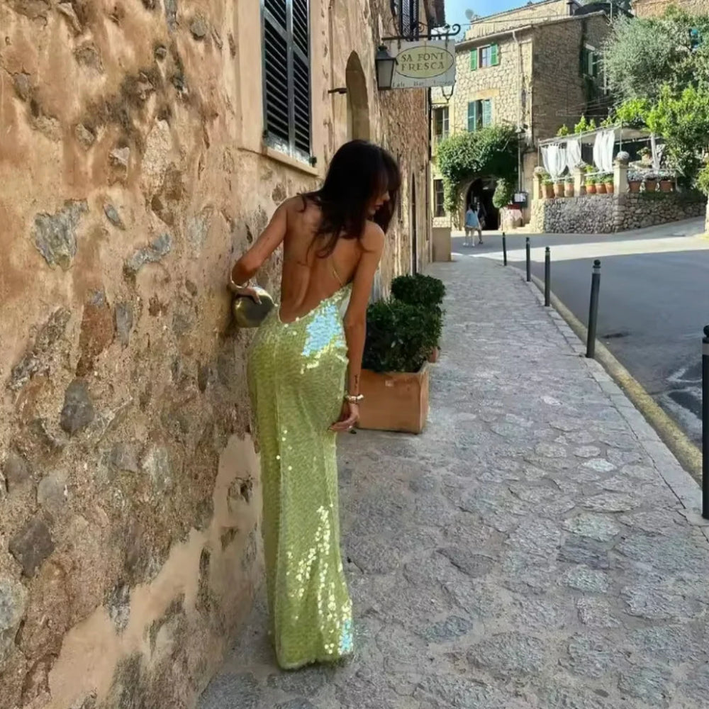 Women's Sequin Sleeveless Party Dress - Bodycon Spaghetti Strap Maxi