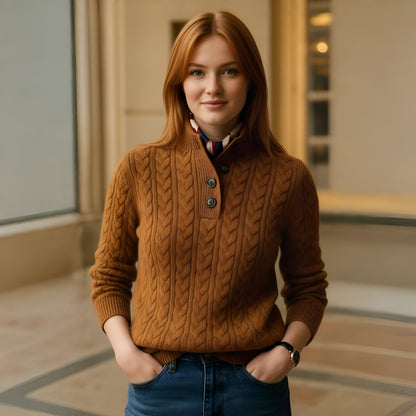 Women's Cable Knit Cashmere Sweater – Long Sleeve Button Neck