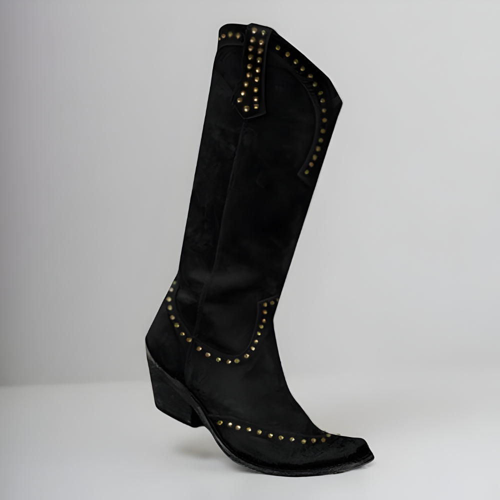Women's Distressed Knee High Boots – Studded High Shaft
