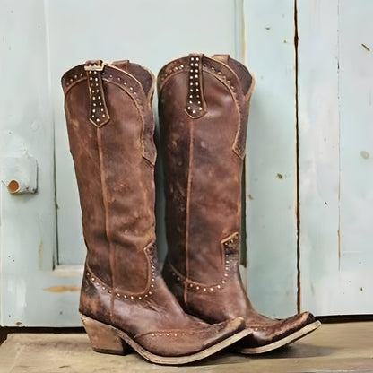 Women's Distressed Knee High Boots – Studded High Shaft