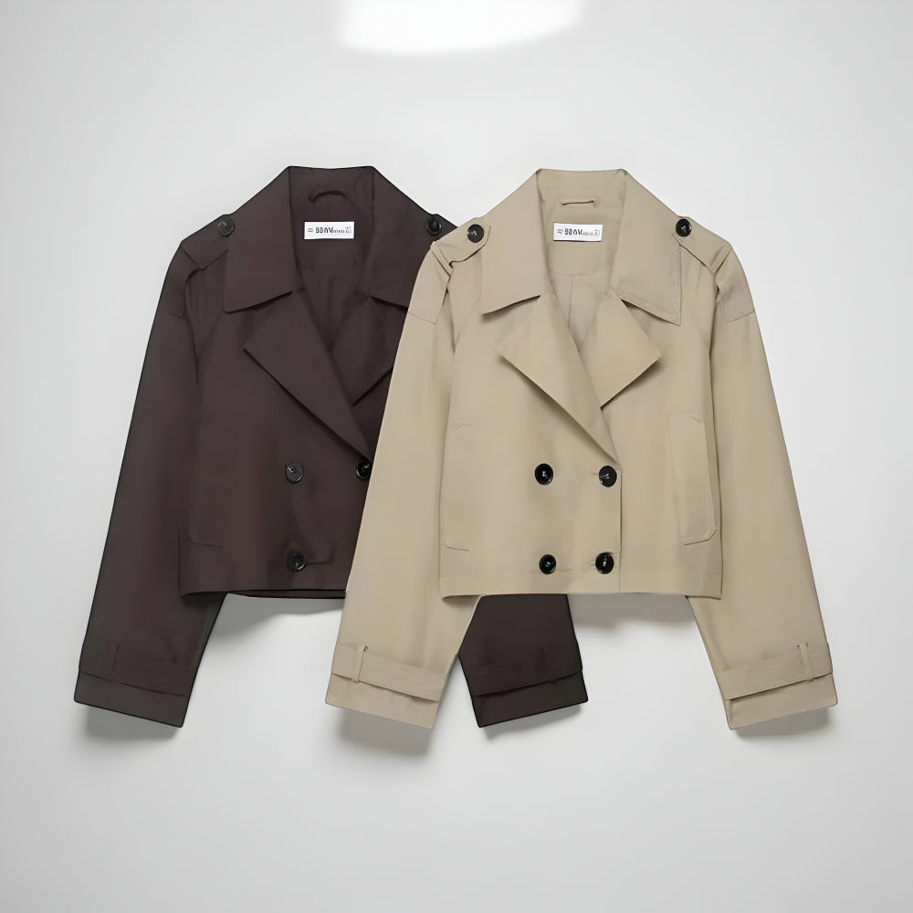 Women’s Stylish Double-Breasted Trench Coat – Cropped Pockets