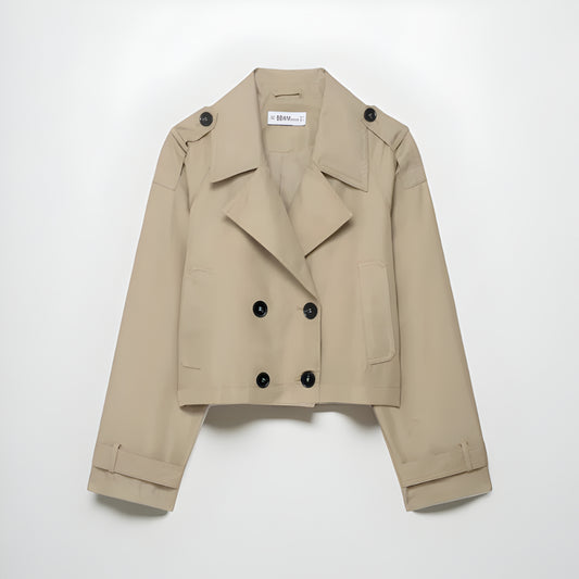 Women’s Stylish Double-Breasted Trench Coat – Cropped Pockets