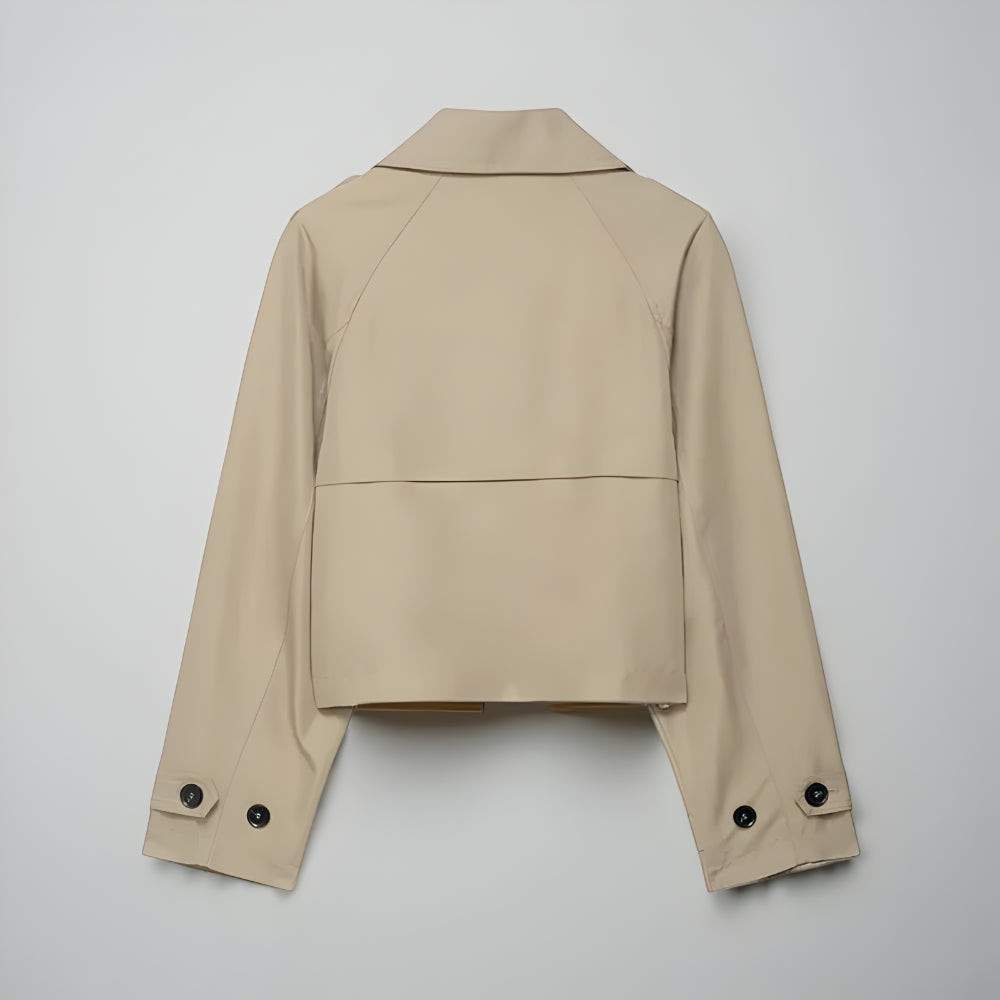 Women’s Stylish Double-Breasted Trench Coat – Cropped Pockets