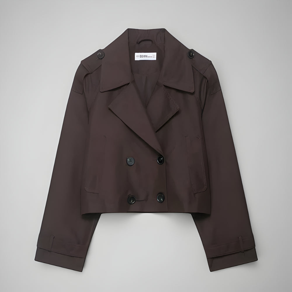 Women’s Stylish Double-Breasted Trench Coat – Cropped Pockets