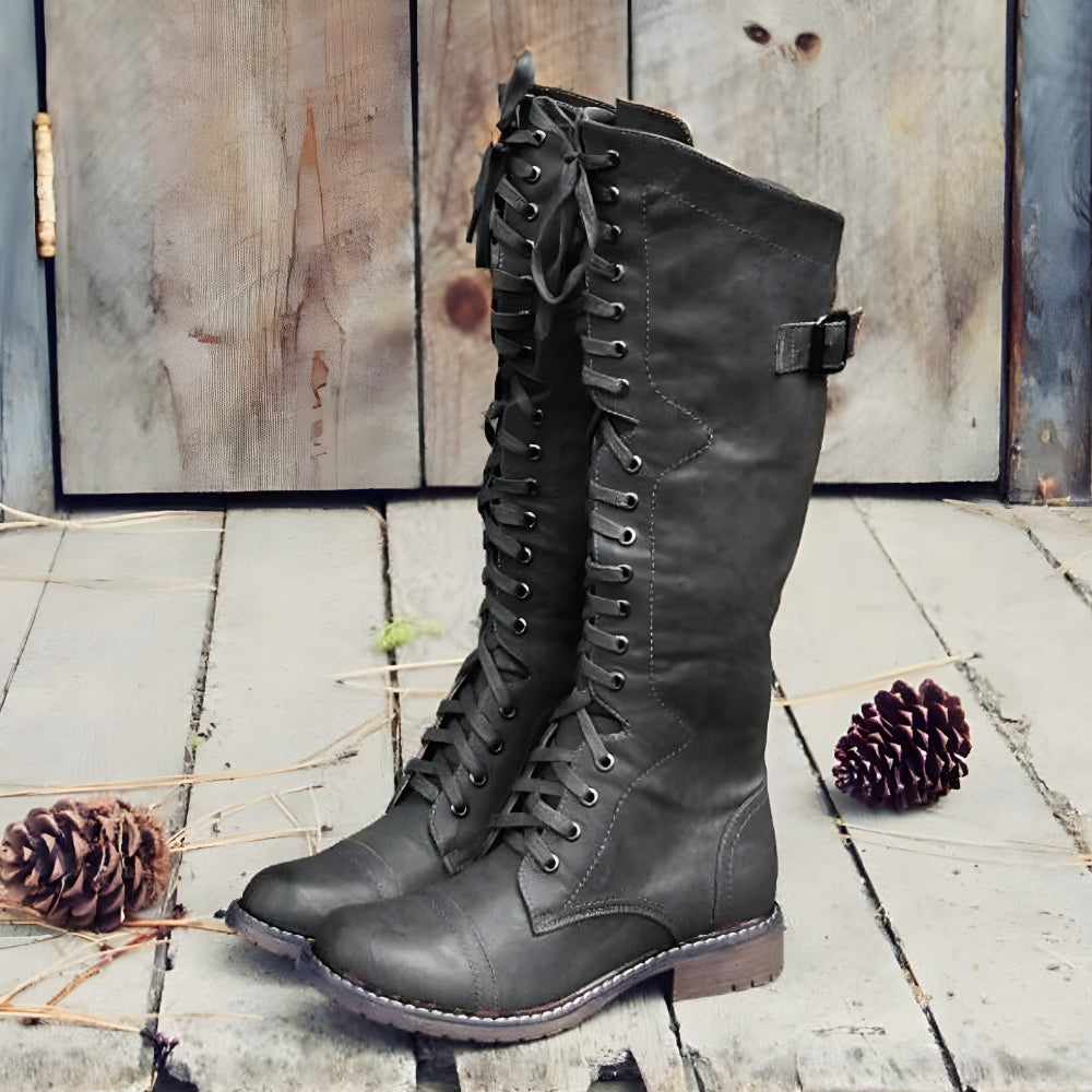 Women's Stylish Lace-Up Knee High Boots – Vintage Buckle Detail