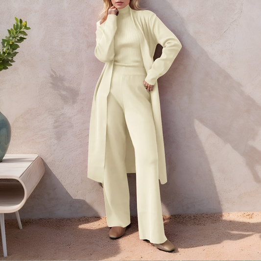 Women's 3 Piece Open-Stitch Cardigan Turtleneck Set 2