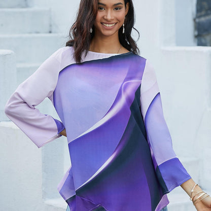 Women's Abstract Print Long Sleeve Blouse - Loose Asymmetrical Top