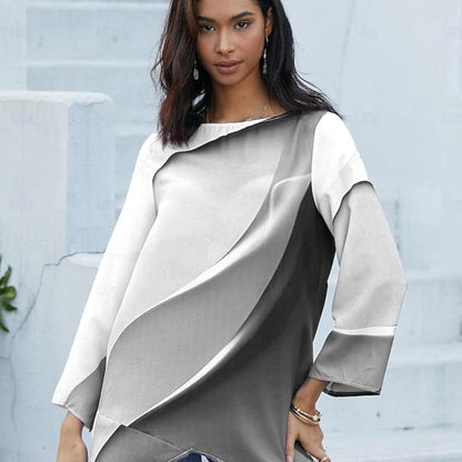 Women's Abstract Print Long Sleeve Blouse - Loose Asymmetrical Top