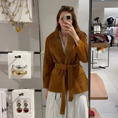 Women's Belted Suede Coat - Long Sleeve Elegant