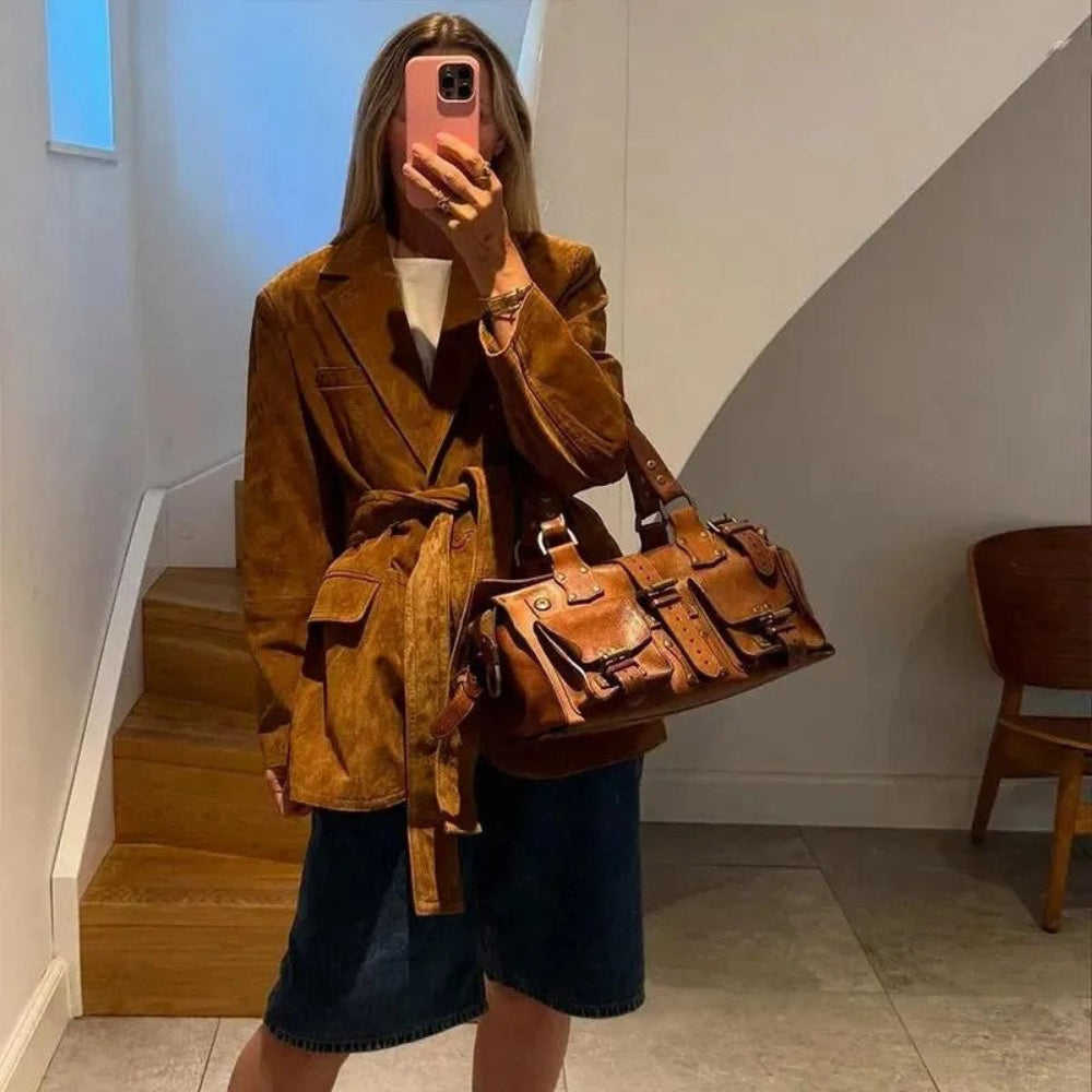 Women's Belted Suede Coat - Long Sleeve Elegant