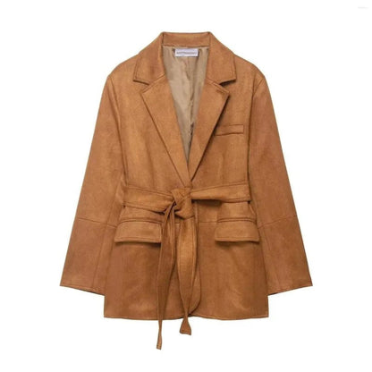 Women's Belted Suede Coat - Long Sleeve Elegant