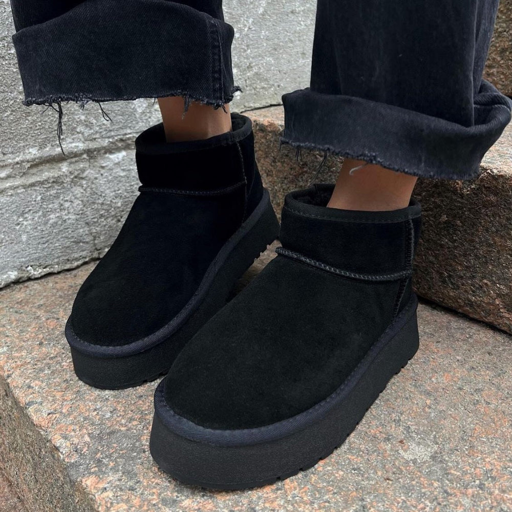 Women's Black Ankle Boots Cozy Platform Boots Fur Lining 1