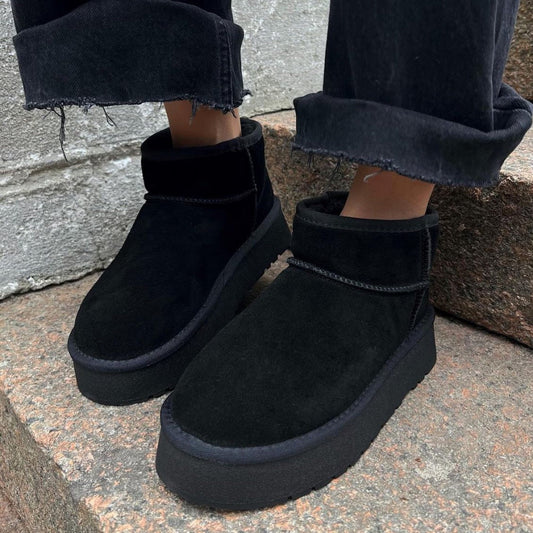 Women's Black Ankle Boots Cozy Platform Boots Fur Lining 1