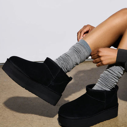 Women's Black Ankle Boots Cozy Platform Boots Fur Lining 2