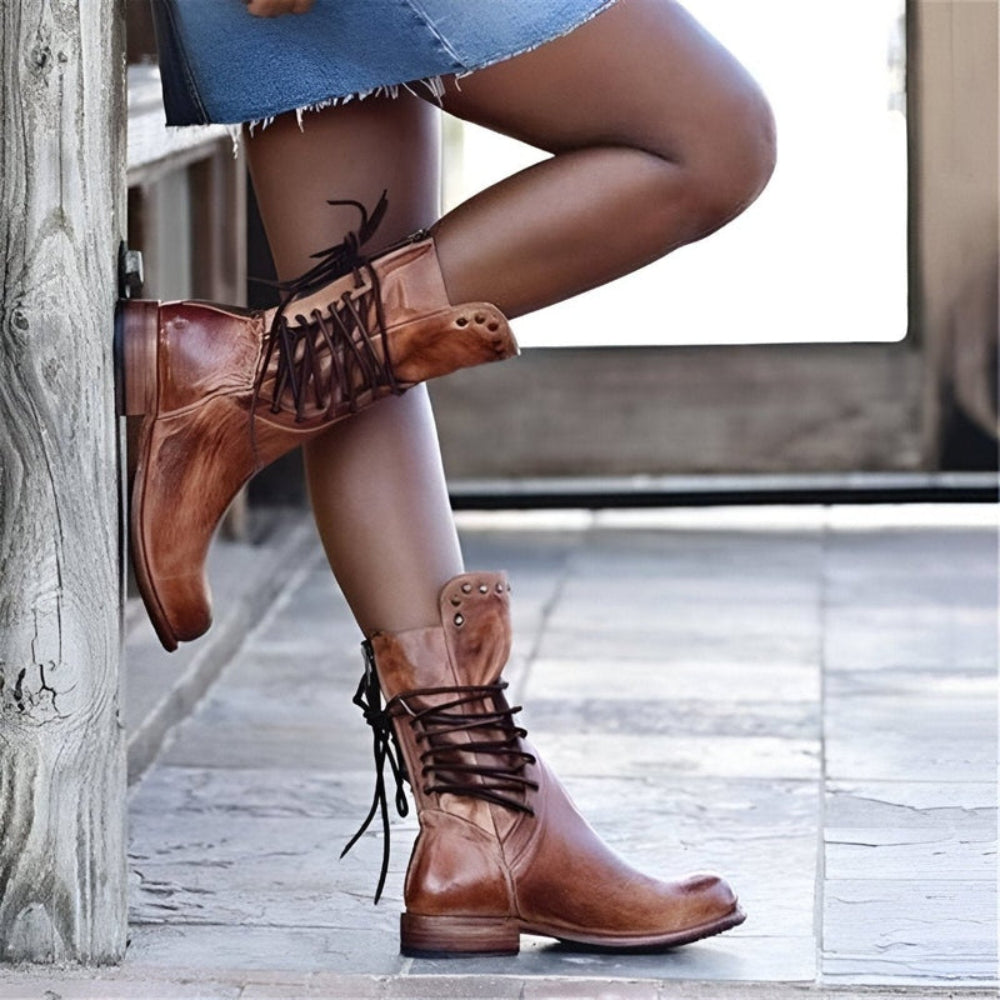Women's Black Lace-Up Mid-Calf Boots  Studded Detail 1